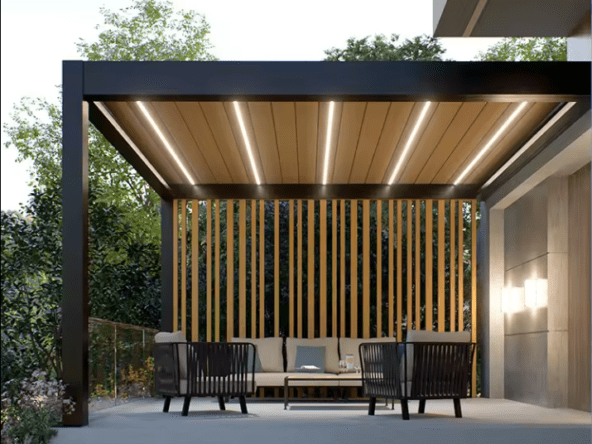 Photo d'une pergola bioclimatique moderne avec lames orientables en aluminium, offrant un espace de vie extérieur confortable et protégé, installée par Flex Home Solution.