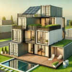 Maison moderne construite à partir de containers modulaires, avec de grandes fenêtres et une terrasse sur le toit équipée de panneaux solaires, située dans un environnement vert et écologique.